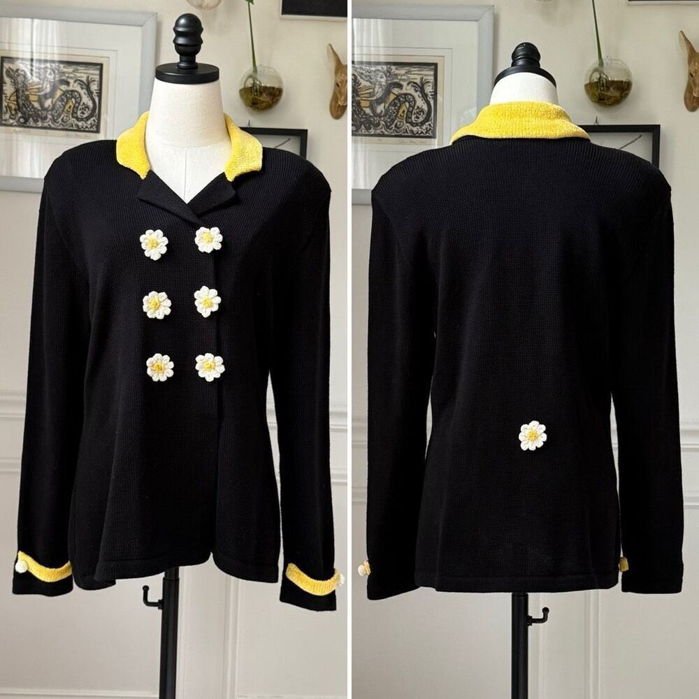 Jamie Kreitman Daisy Double Breasted Cardigan Sweater Blazer Black White Yellow